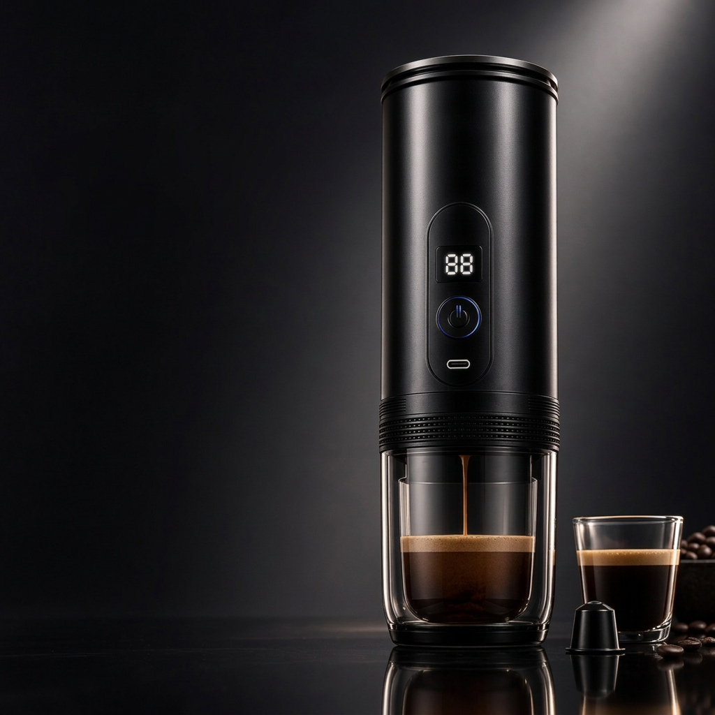Portable wireless Italian coffee espresso maker by Merch Gone Viral, black with digital display and two glass cups.