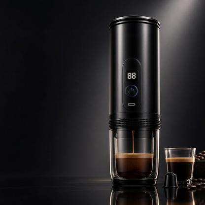 Portable wireless Italian coffee espresso maker by Merch Gone Viral, black with digital display and two glass cups.