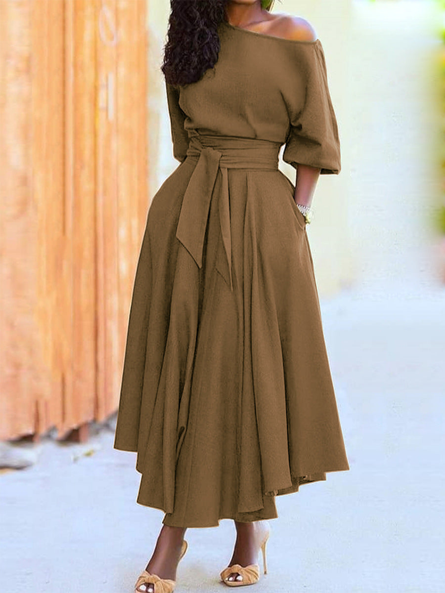 Women's Off Shoulder Bodycon Dress with Tie Waist Solid Color