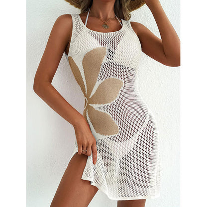 Women's Jacquard Knit Beach Cover-Up Dress with Hollow-Out Detail