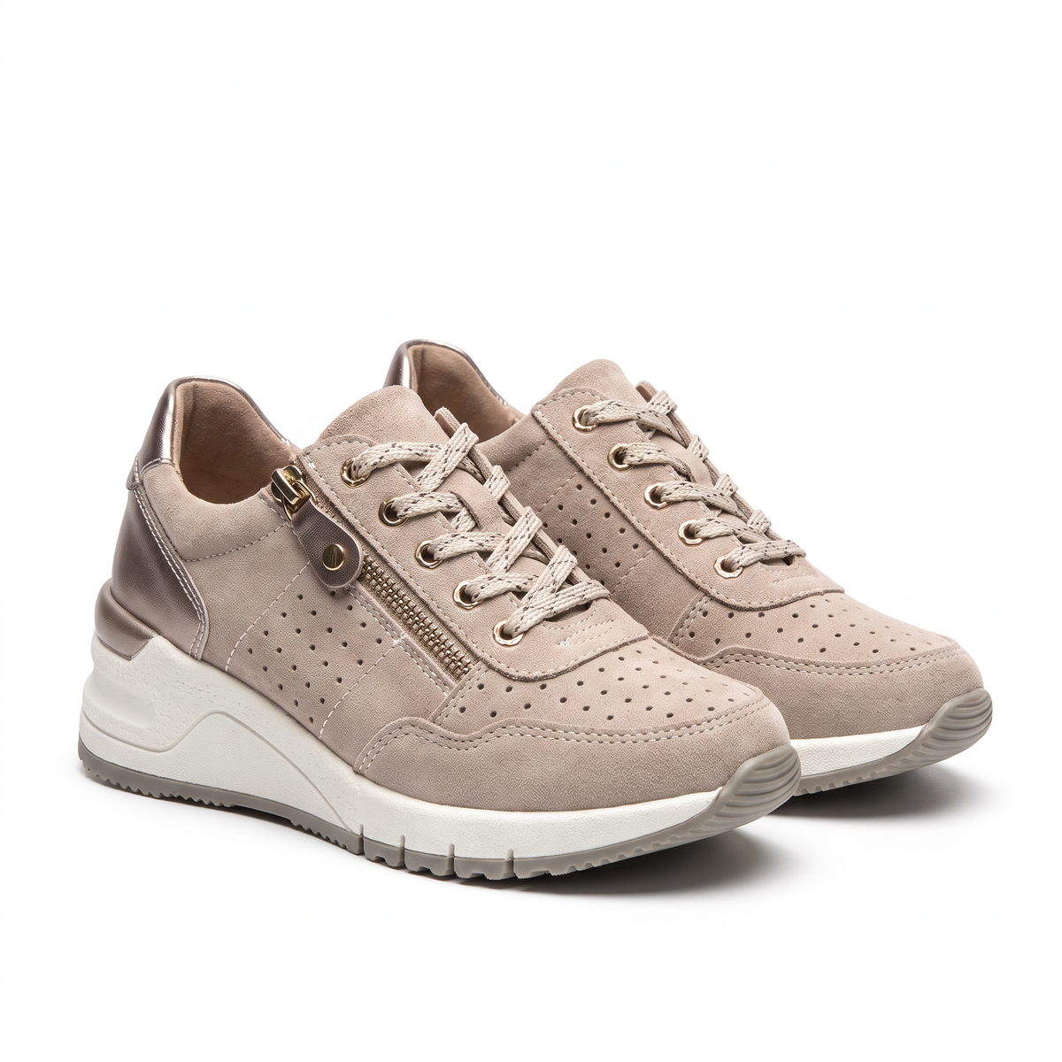 Taupe suede platform sneakers with lace-up closure, side zippers, perforated details, and white wedge soles.