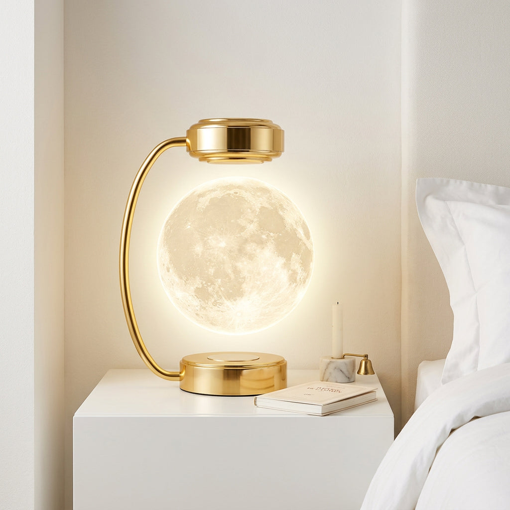Levitating moon lamp in gold frame glowing on a bedside table