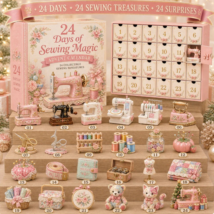 Advent calendar with miniature sewing-themed collectibles, including tiny sewing machines, threads, and accessories.