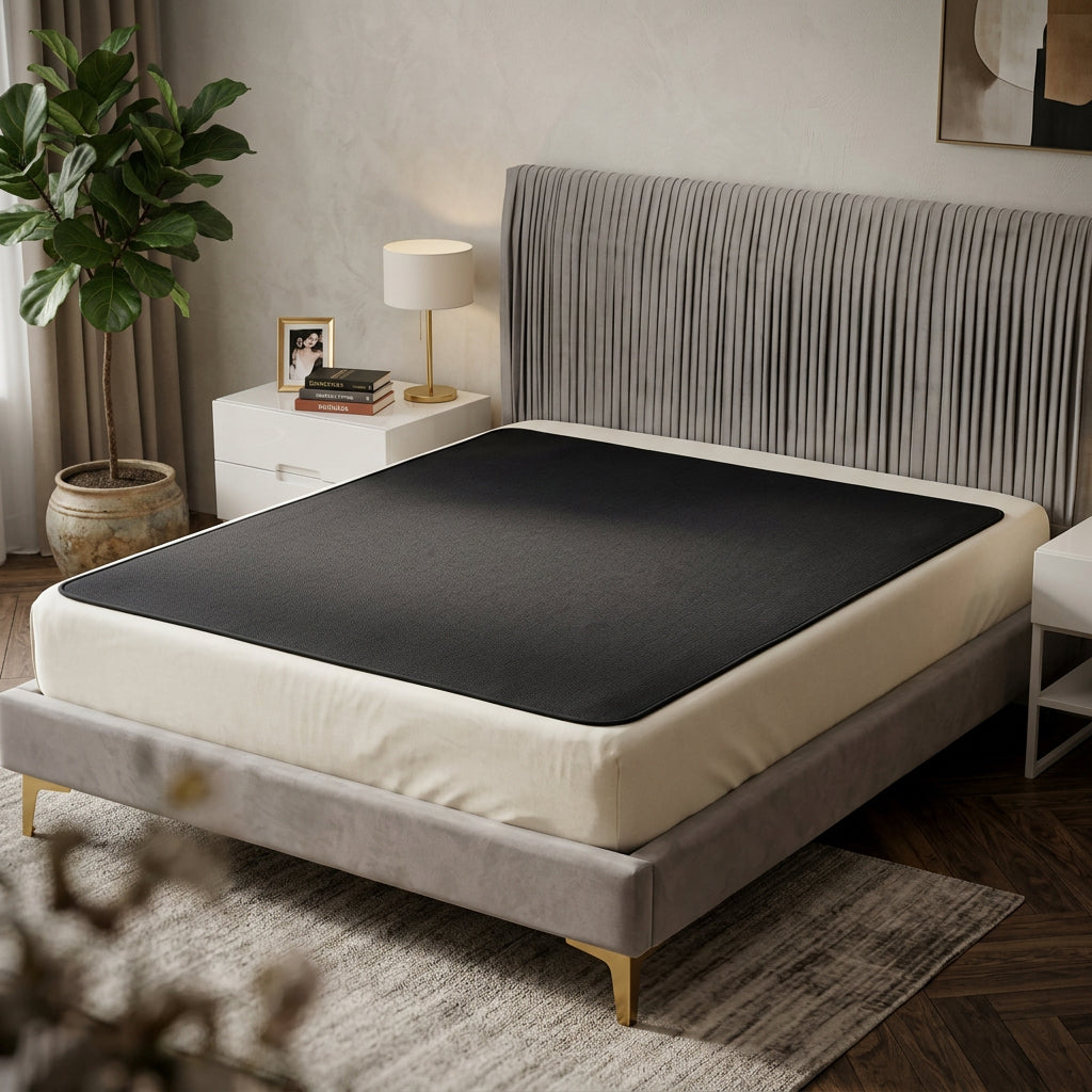Grounding earthing bed mat laid across a mattress in a styled bedroom