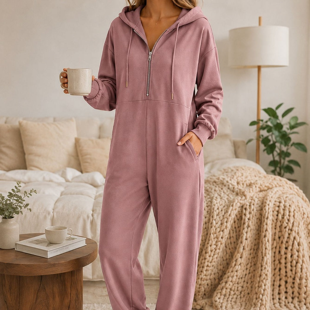 Hooded zip-up jumpsuit with relaxed fit