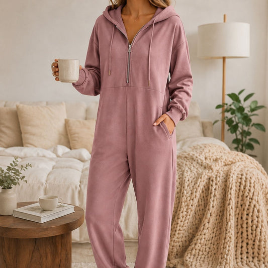 Hooded zip-up jumpsuit with relaxed fit