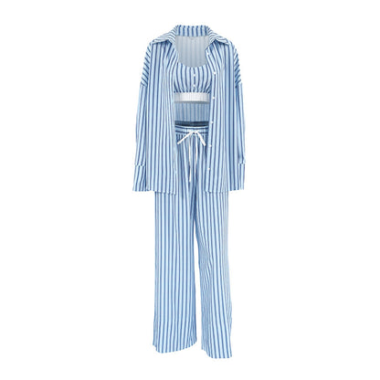 This Is Your Perfect Luxurious Three Piece Suit Set With Striped Tank Top Long Sleeve Shirt And Elastic Waist Trousers.