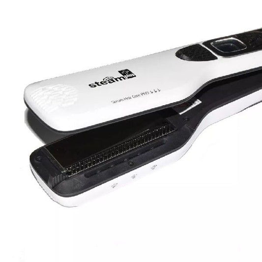 Open white hair straightener showing inner bristle comb and digital control panel on handle.