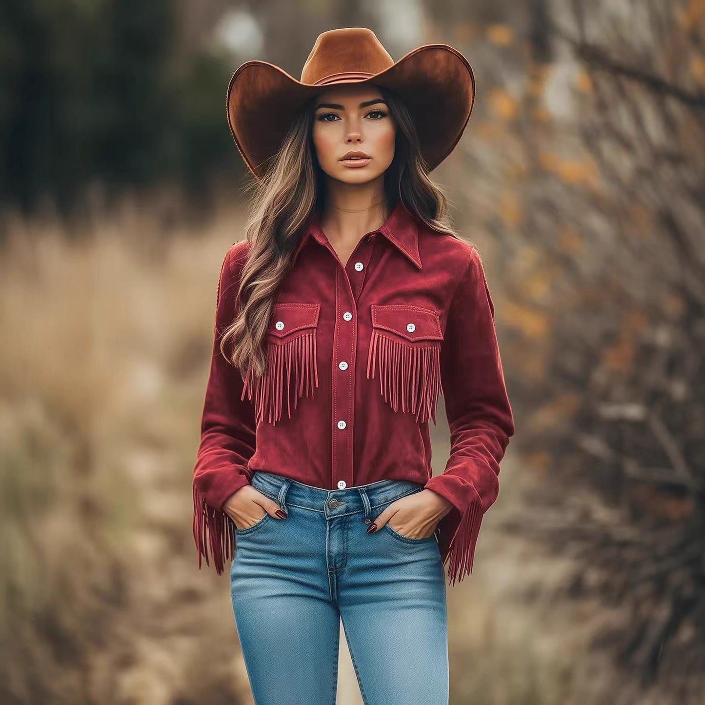 Western Style Top with Textured Panels and Tassel Details