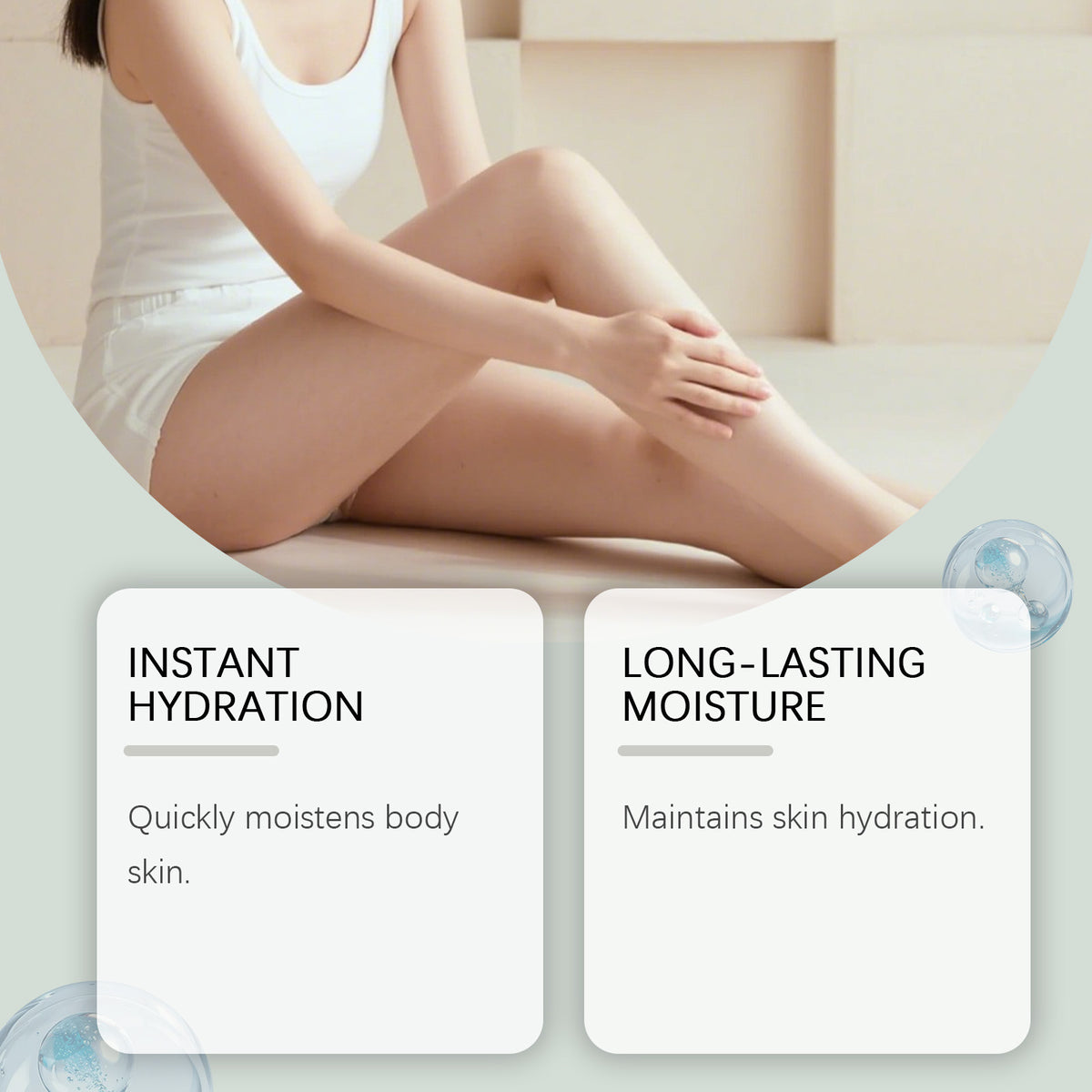 Woman applying body serum to her leg with text boxes detailing instant hydration and long-lasting moisture benefits.