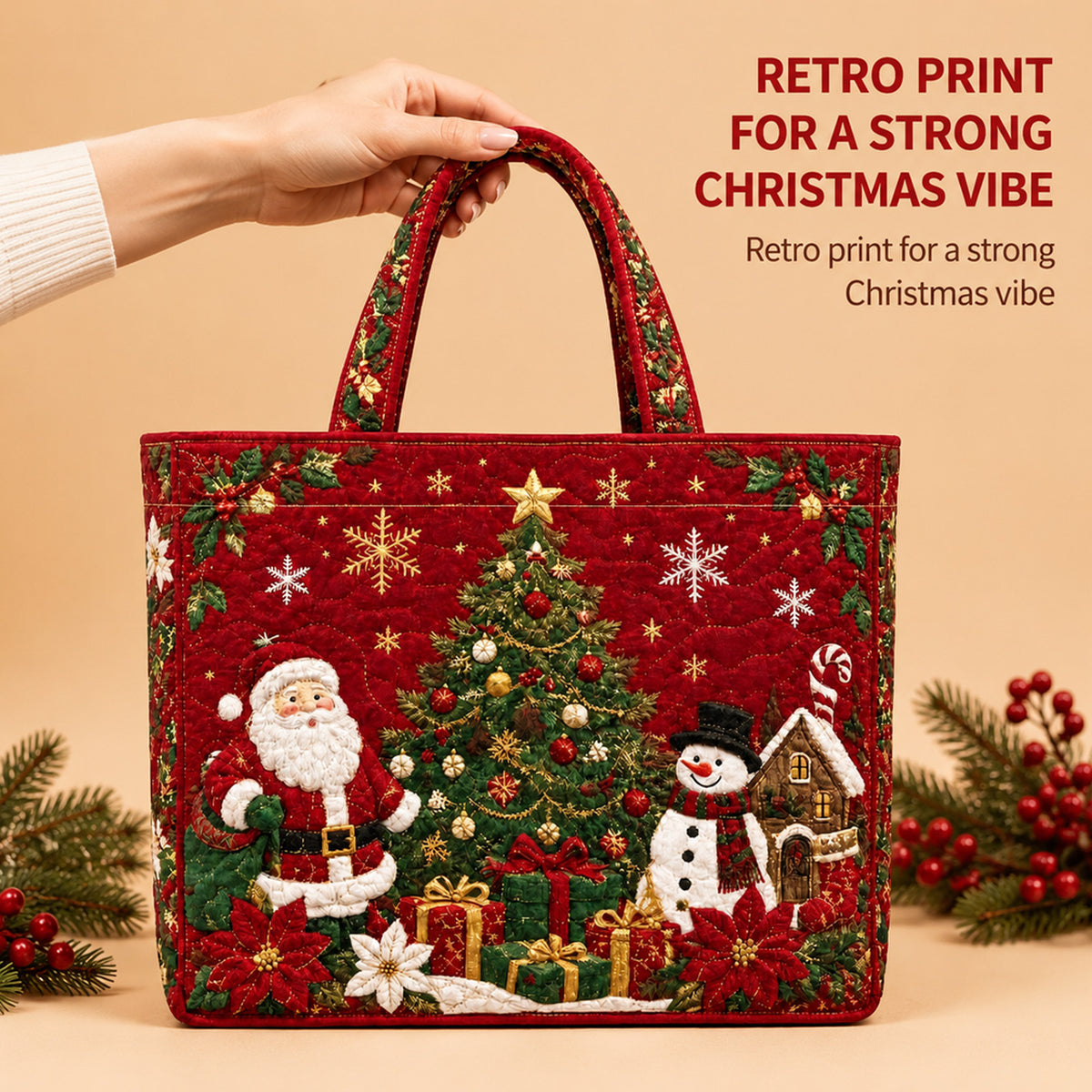 Quilted Christmas tote bag with retro Santa scene print held by the handles