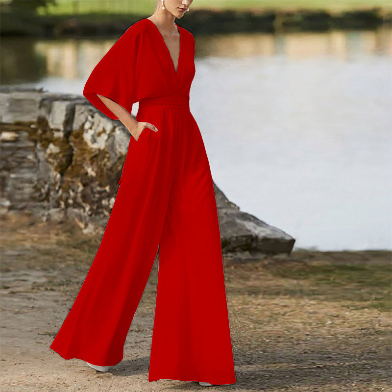 Wireless Jumpsuit with Deep V-Neck and High Waist for Women