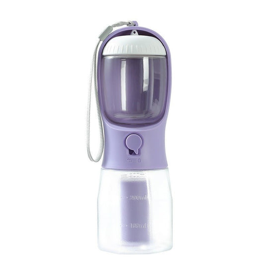 Portable purple dog water bottle with a white top, clear lower container, lock button, and carrying strap