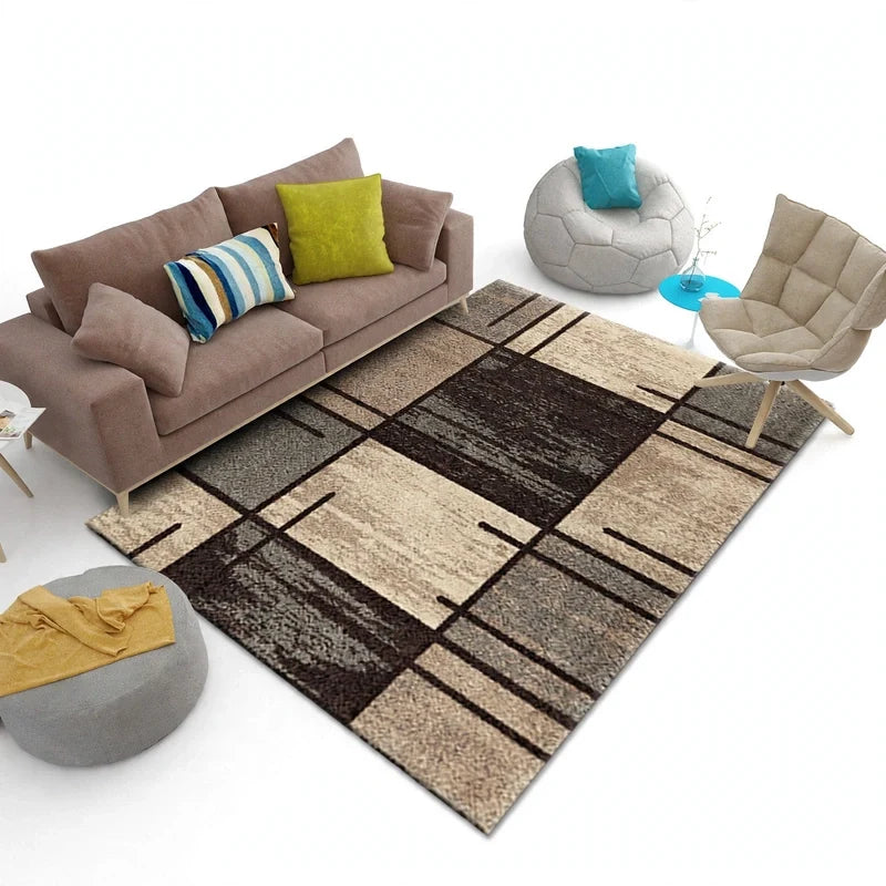 Area rug with a geometric plaid pattern in shades of brown, beige, and gray, displayed in a staged living room.