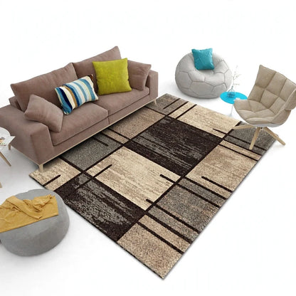 Area rug with a geometric plaid pattern in shades of brown, beige, and gray, displayed in a staged living room.