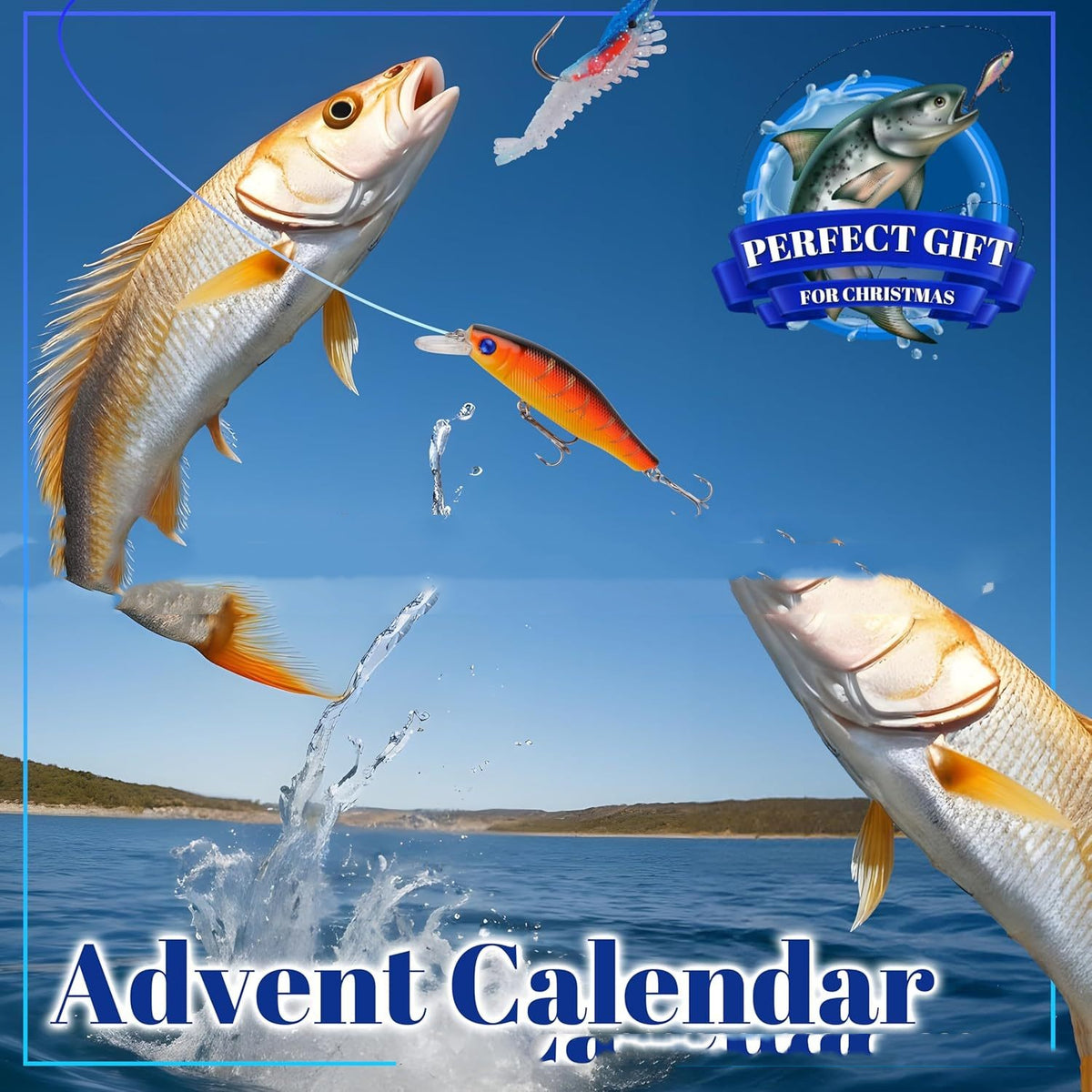 Fishing lures and fish leaping from blue water