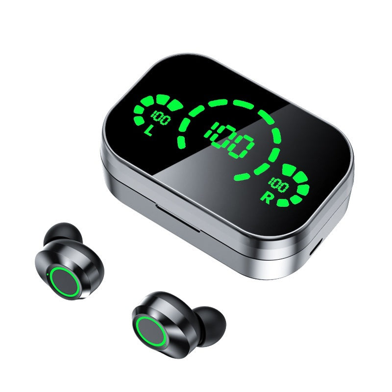 Wireless earbuds with charging case showing green LED battery display.