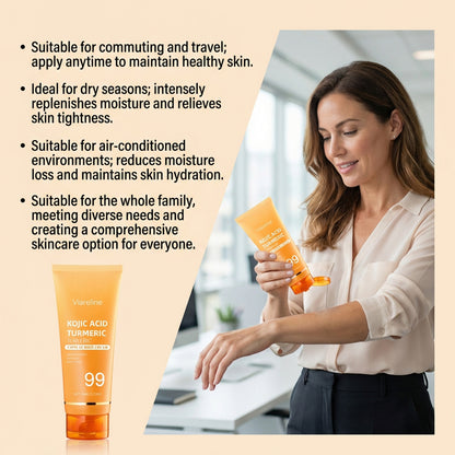 Woman squeezing body cream onto her arm next to usage benefit text.