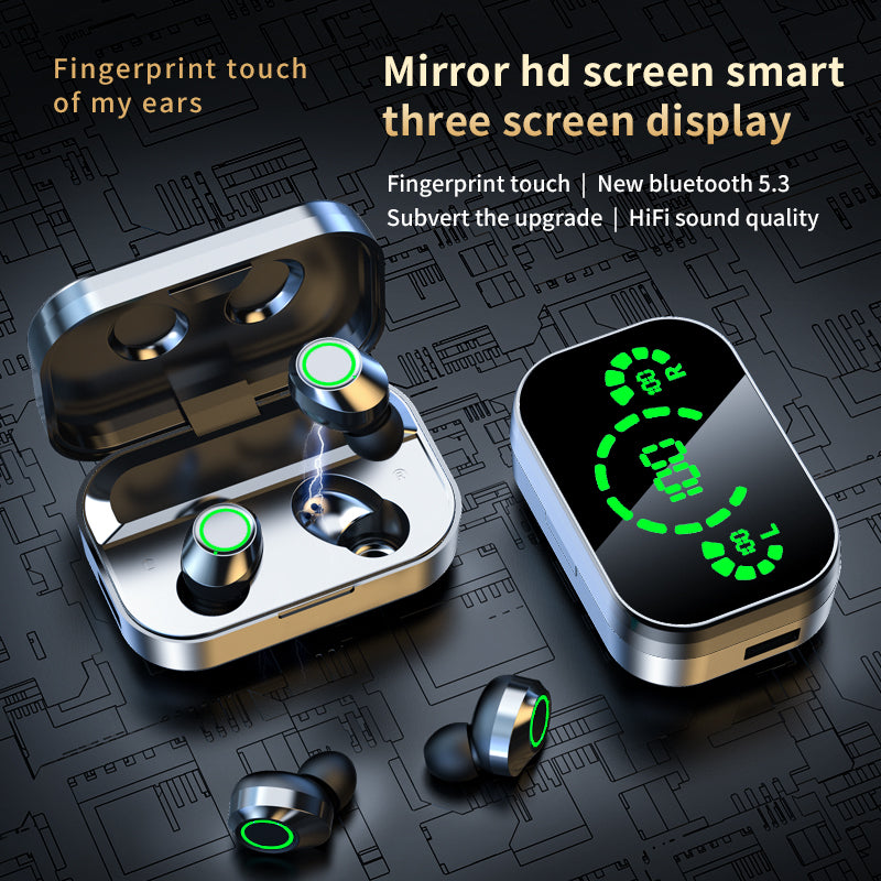 Wireless Bluetooth earbuds with silver charging case and digital LED battery display.