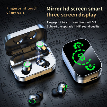 Wireless Bluetooth earbuds with silver charging case and digital LED battery display.