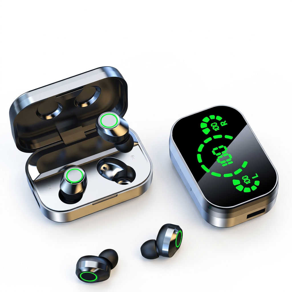 Wireless earbuds with charging case showing green LED digital battery display and two earbuds resting outside.