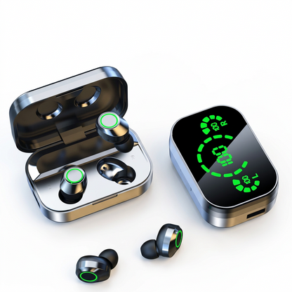 Wireless earbuds with charging case showing green LED digital battery display and two earbuds resting outside.