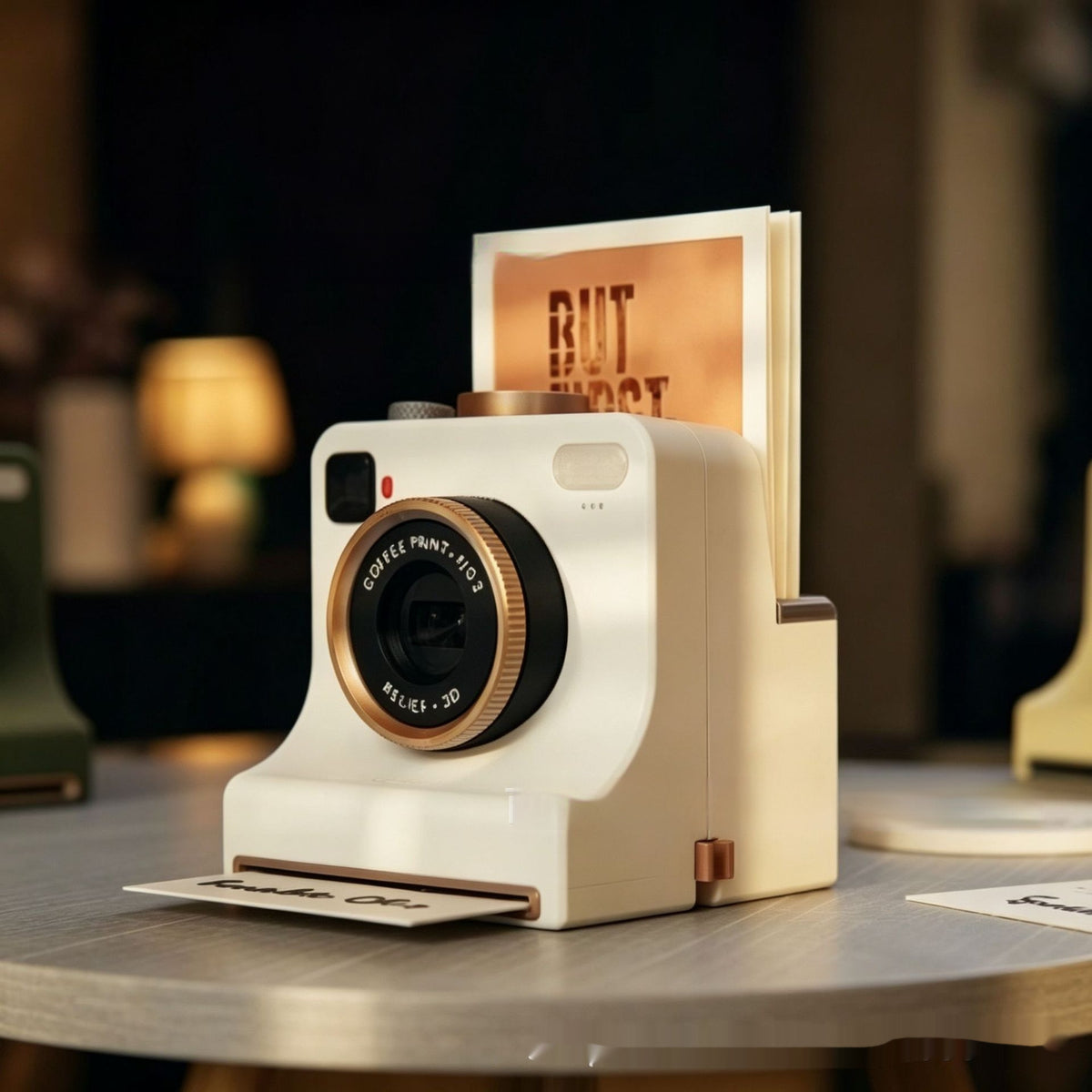 White instant camera printing a template, with a card inserted in the top slot.