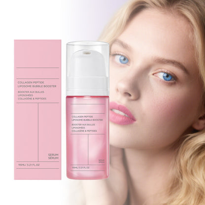 Pink collagen peptide serum bottle and box beside a woman's face