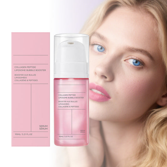Pink collagen peptide serum bottle and box beside a woman's face