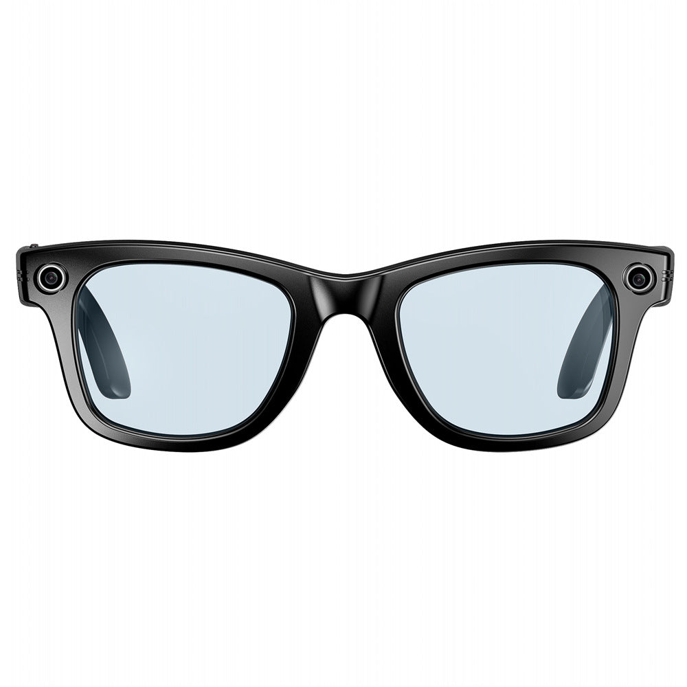 Black plastic smart wearables with built-in cameras for translation during travel.