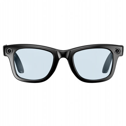 Black plastic smart wearables with built-in cameras for translation during travel.