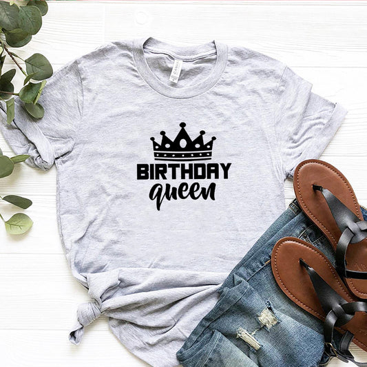 gray t-shirt with black crown graphic and birthday queen text