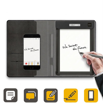 Smart digital notebook with smartphone showing synced handwriting and pen.