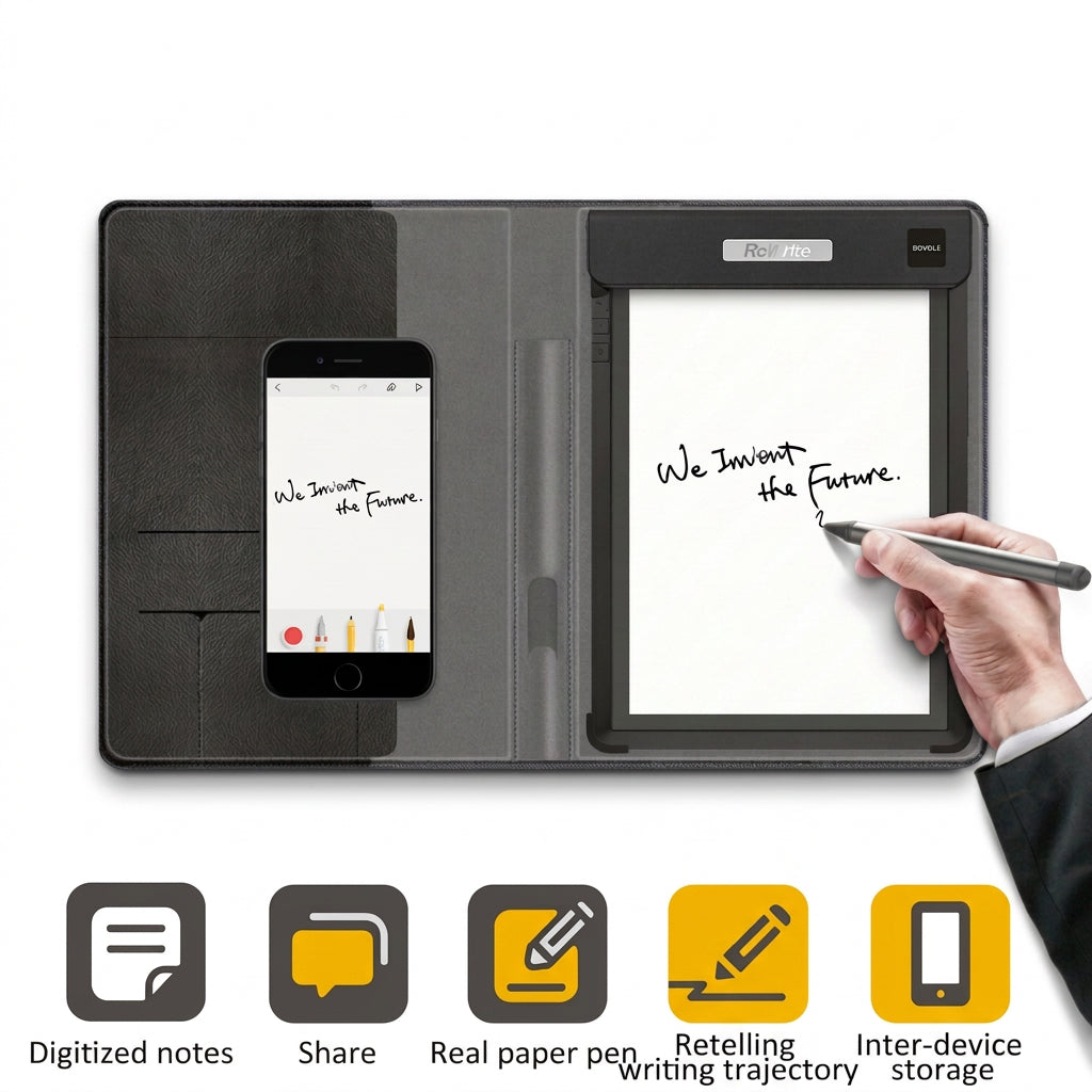 Smart writing notebook folio open with a smartphone displaying notes, a paper notepad, and a hand writing with a digital pen