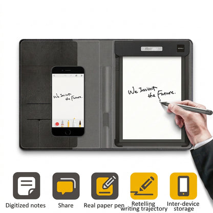 Smart writing notebook folio open with a smartphone displaying notes, a paper notepad, and a hand writing with a digital pen