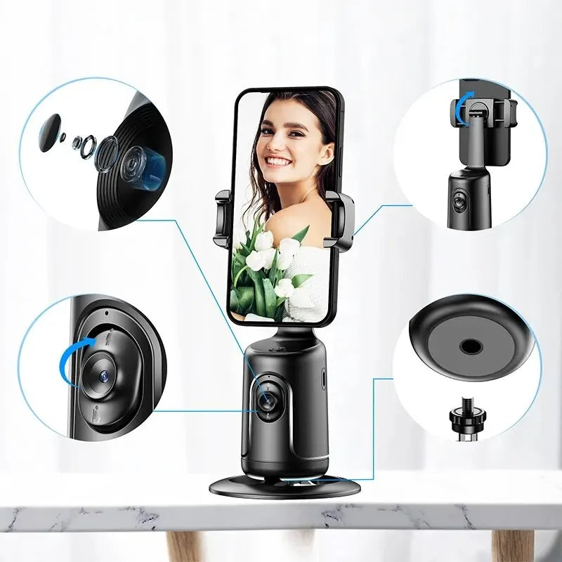 Black AI tracking phone gimbal showing close-ups of camera lens, clamp rotation, and tripod mount.