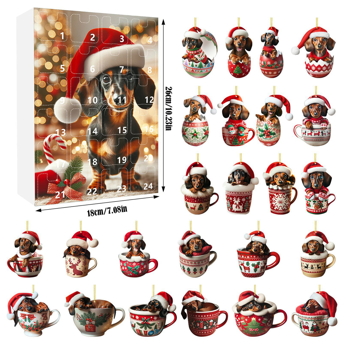 Advent calendar box showing a dachshund in a Santa hat, alongside twenty-four mini dachshund Christmas ornaments.