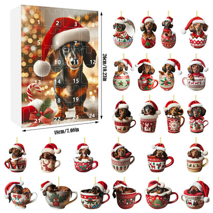 Advent calendar box showing a dachshund in a Santa hat, alongside twenty-four mini dachshund Christmas ornaments.