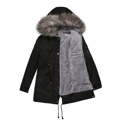 Black mid-length parka coat with a grey faux fur-lined hood and interior, snap buttons, and drawstrings.
