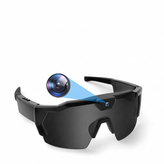 Action Camera Smart Glasses by Merch Gone Viral, black smart wearables with built-in camera lens.