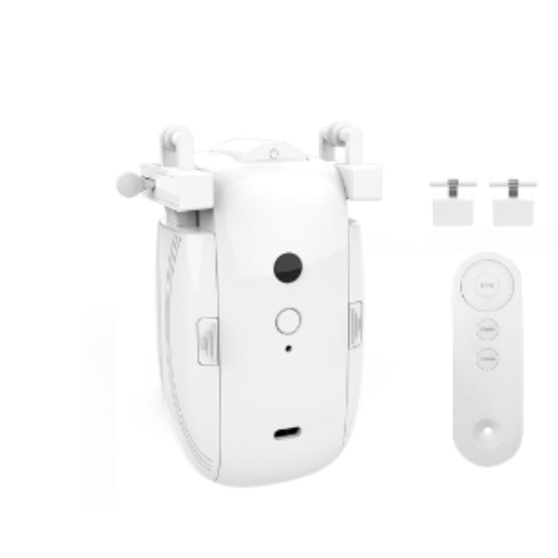 White smart curtain robot with track attachments and remote control