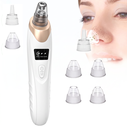 White and gold blackhead vacuum with digital display, suction control buttons, and interchangeable clear tips.