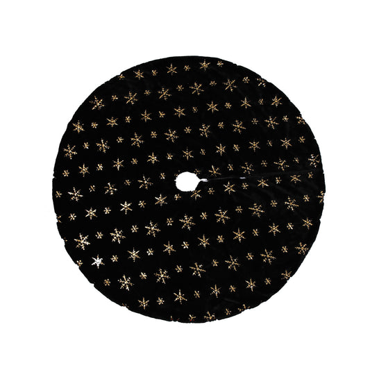 Black sequin embroidered Christmas tree skirt with gold snowflake pattern for holiday decor