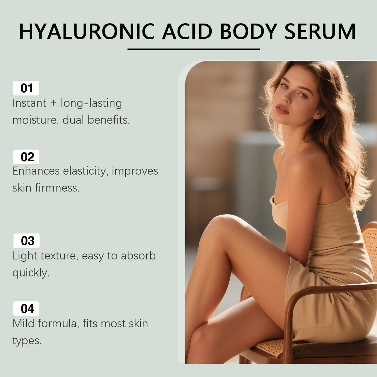A seated woman next to text listing hyaluronic acid body serum benefits.