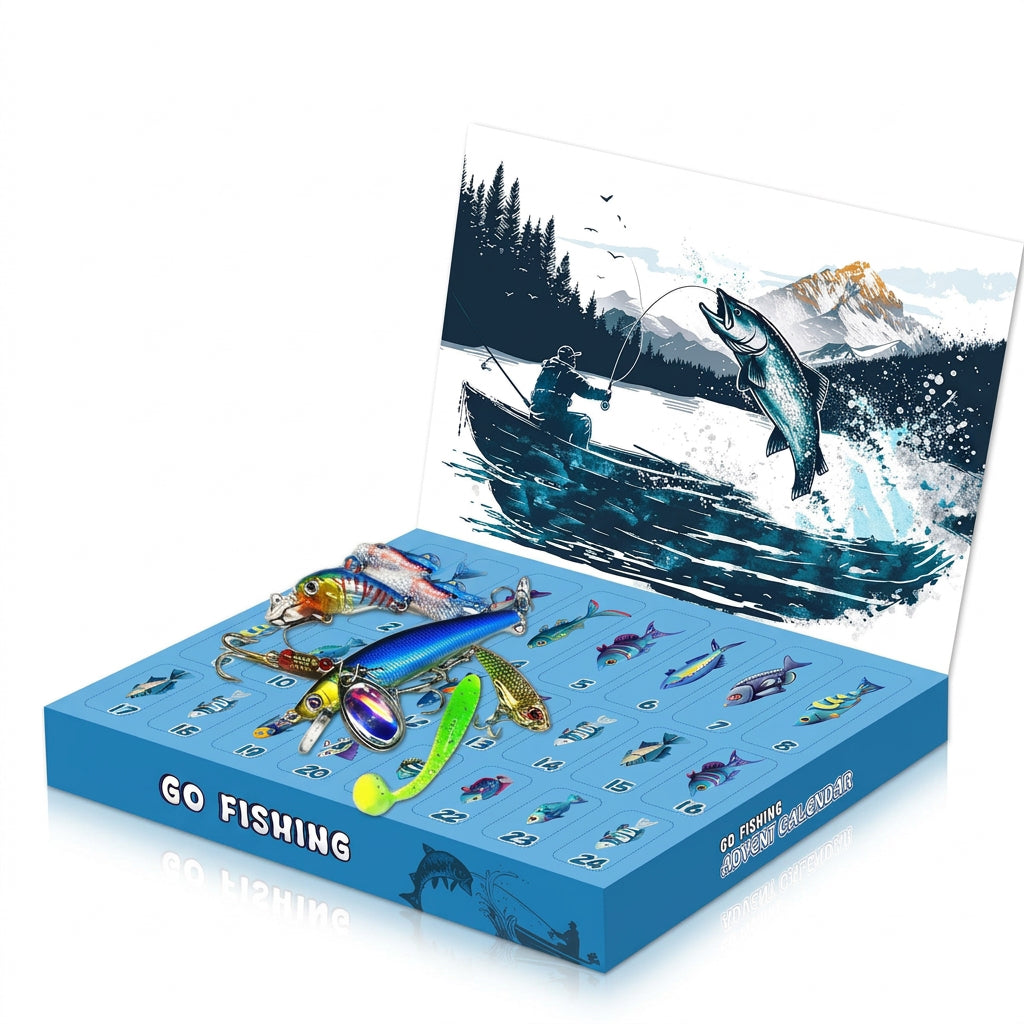 Fishing advent calendar box featuring numbered compartments and various fishing lures, with an open lid showing a lake scene.