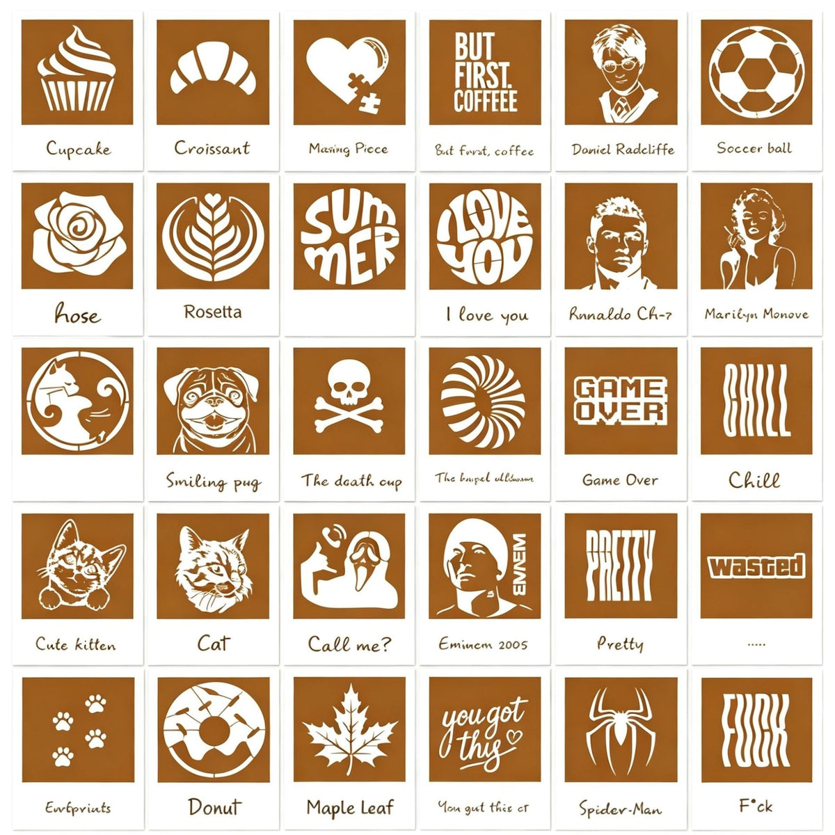 Grid of thirty brown and white coffee stencils featuring various icons, animals, and text designs.