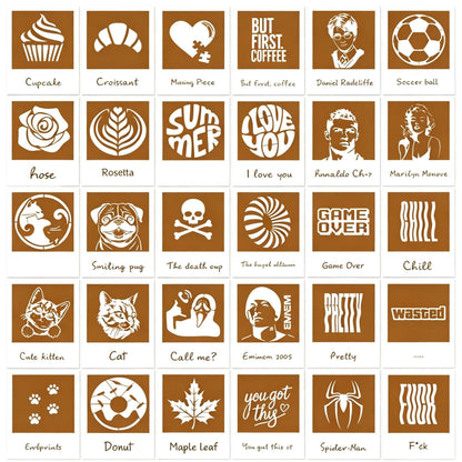 Grid of thirty brown and white coffee stencils featuring various icons, animals, and text designs.