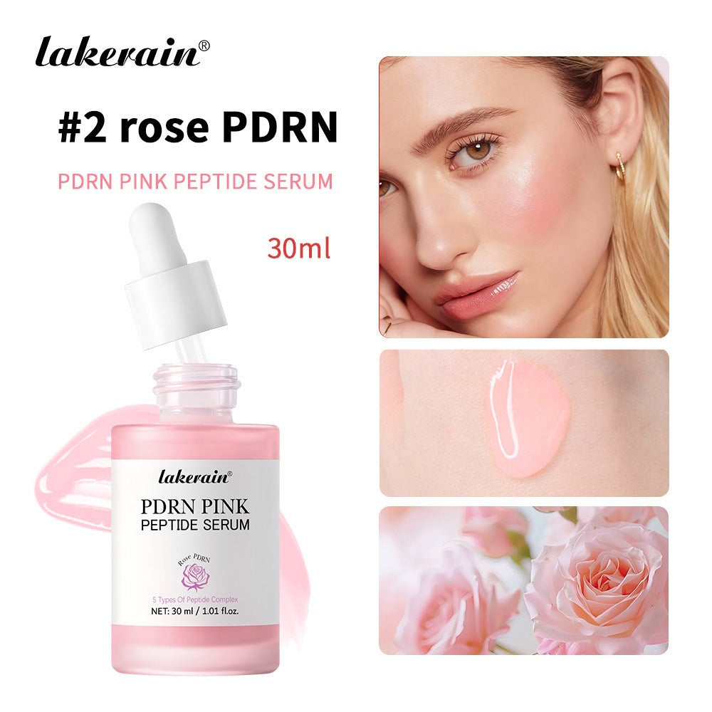 Rose PDRN serum variant with open dropper bottle beside a model portrait and serum texture swatch