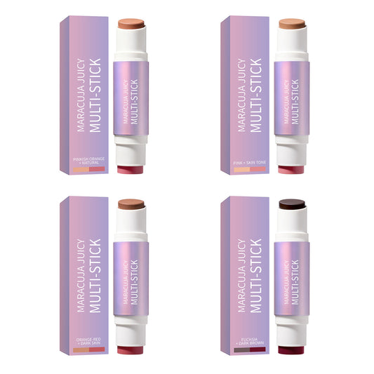 Four dual-ended makeup contour sticks shown with their corresponding purple outer packaging boxes in different shades.