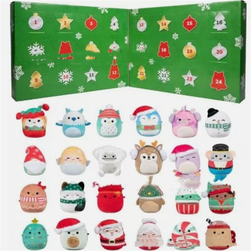 Green advent calendar box opened above twenty-four mini holiday plush toys.